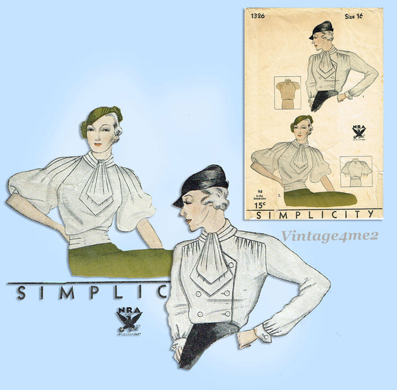 Simplicity 1326: 1930s Misses Dress Blouse Size 34 Bust Vintage Sewing Pattern