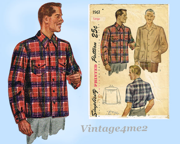 1940s Vintage Simplicity Sewing Pattern 1961 Post WWII Men's Sports Shirt