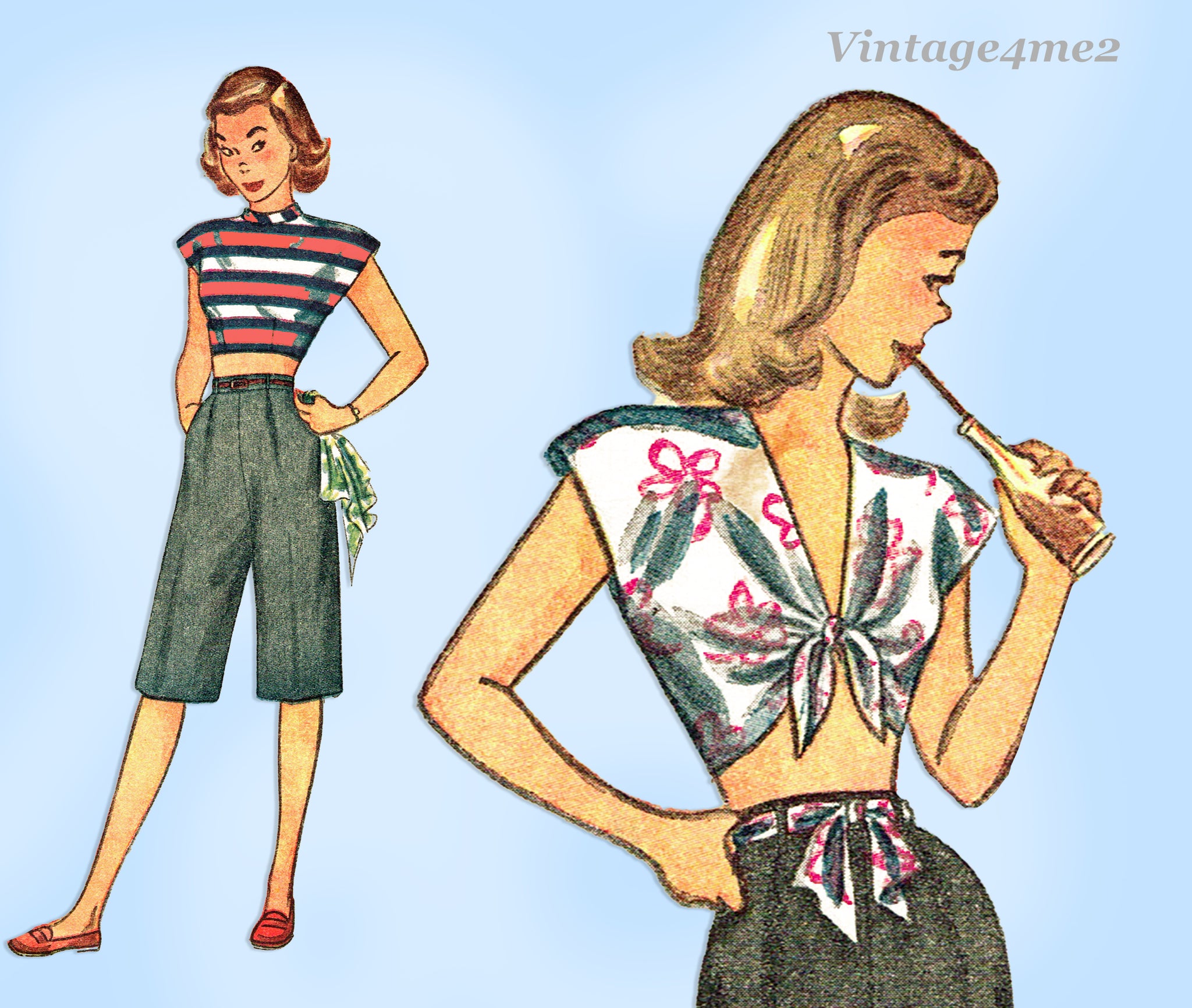 Simplicity 2829: Misses' Too Cute Beach Midriff Tops Longer Shorts Charming  WWII Design Vintage4me2