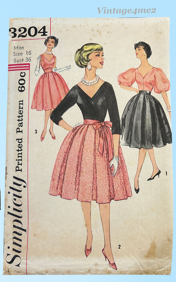 Simplicity 3204: 1950s Chic Misses Party or Prom Dress Sz 36 B Vintage Sewing Pattern