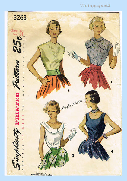 Simplicity 3263: 1950s Misses Simply Elegant Blouse Vintage Sewing Pattern