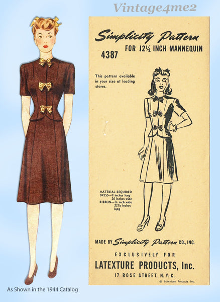 1940s Vintage Simplicity 4387 Latexure Manikin Mannequin Doll Clothes Pattern 12.5 Inch