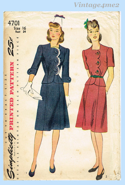 1940s Vintage Simplicity Sewing Pattern 4701 Uncut Misses WWII Suit Sz 34 B