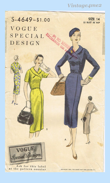 Vogue 4649: 1950s Stunning Uncut Misses Dress Sz 32 B Vintage Sewing Pattern