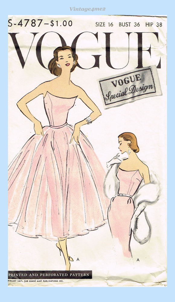 Vogue 4787: 1950s Stunning Uncut Misses Cocktail Dress Sz 36 B Vintage Sewing Pattern