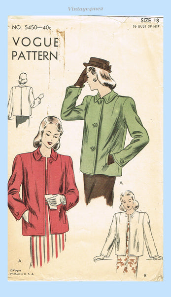 Vogue 5450: 1940s Stylish Misses Boxy WWII Coat Sz 36 B Vintage Sewing Pattern