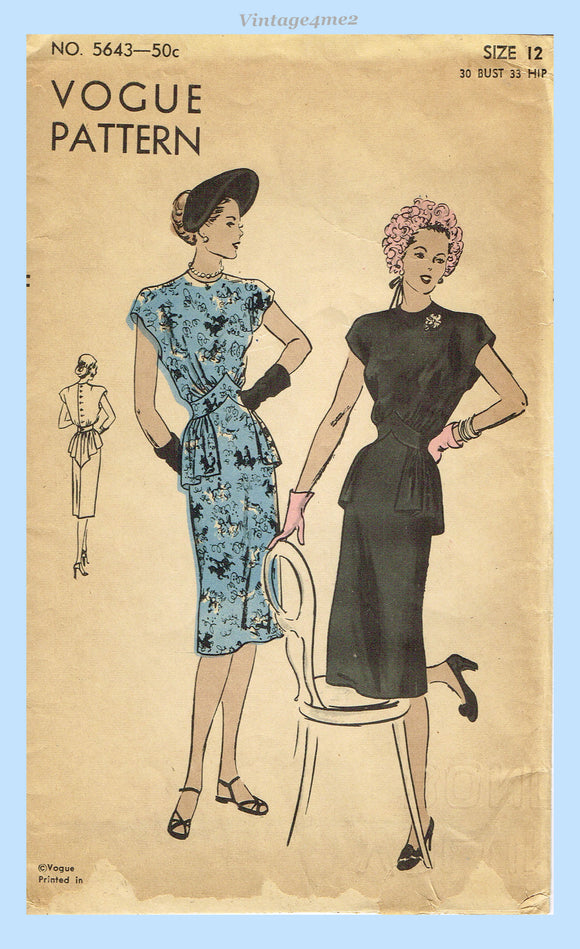 Vogue 5643: 1940s Uncut Misses Peplum Dress Sz 30 Bust Vintage Sewing Pattern