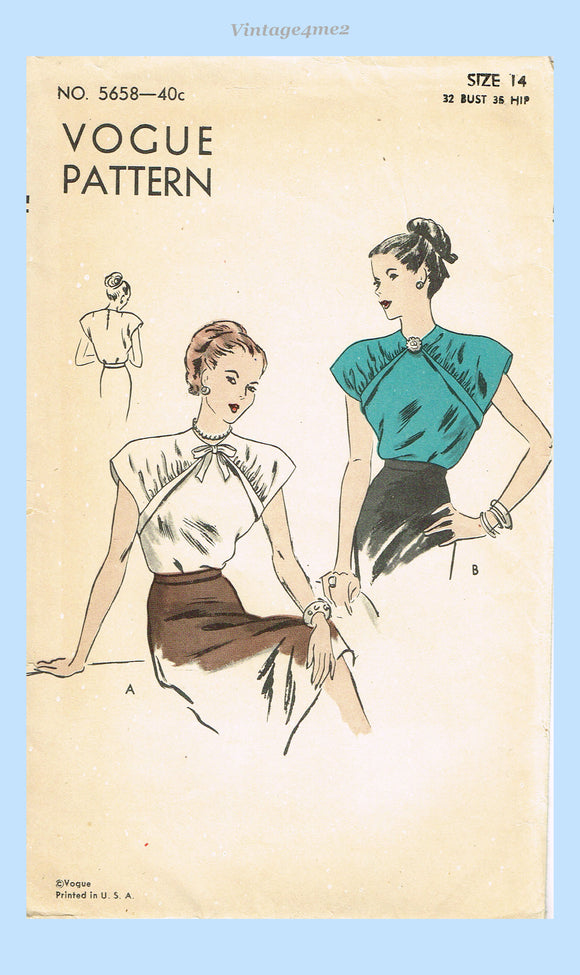 Vogue 5658: 1940s Stylish Misses WWII Blouse Sz 32 B Vintage Sewing Pattern