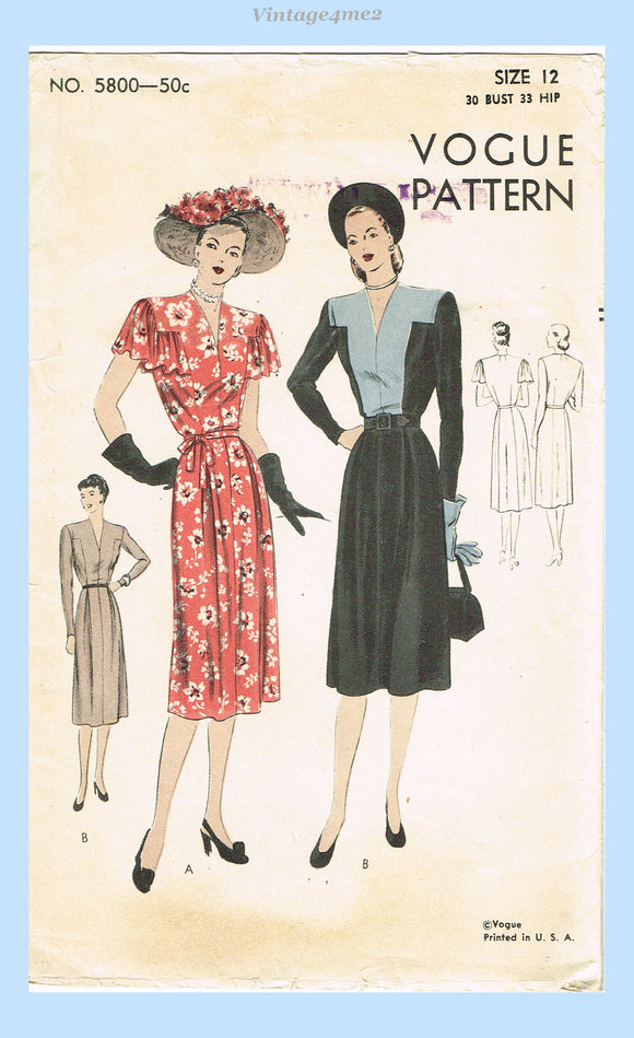 Vogue 5800: 1940s Classic WWII Street Dress Sz 30 B Vintage Sewing Pattern