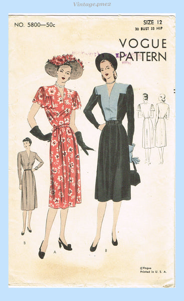 Vogue 5800: 1940s Classic WWII Street Dress Sz 30 B Vintage Sewing Pattern