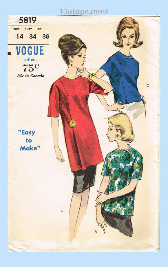 Vogue 5819: 1960s Uncut Misses Blouse Set Sz 34 B Vintage Sewing Pattern