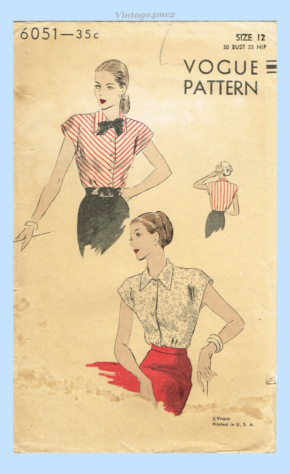 Vogue 6051: 1940s Stylish Misses Blouse Size 32 Bust Vintage Sewing Pattern