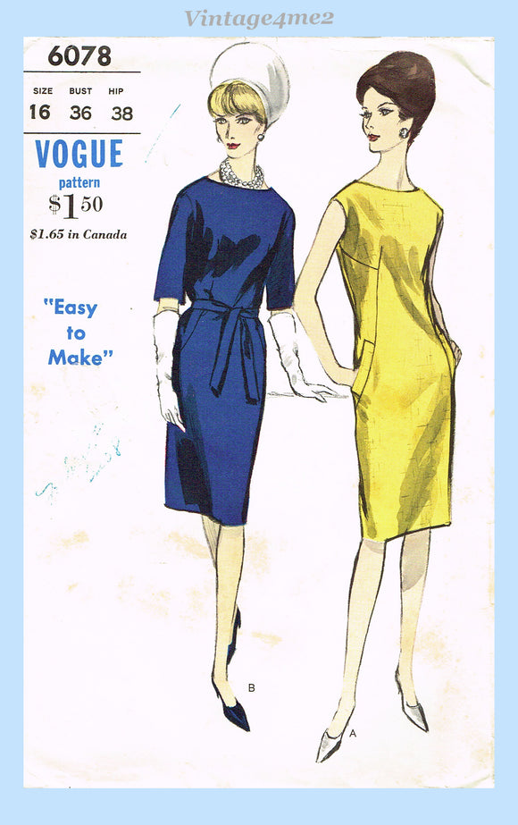 Vogue 6078: 1960s Uncut Misses Sheath Dress Sz 36 B Vintage Sewing Pattern