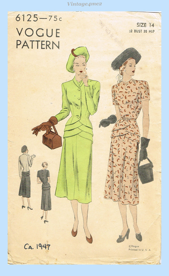 Vogue 6125: 1940s Uncut Missaes Dress & Jacket Sz 32 B Vintage Sewing Pattern