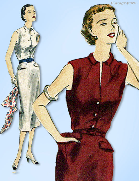 Vogue 7308: 1950s Misses Slender Sleeveless Dress Sz 30 B Vintage Sewing Pattern