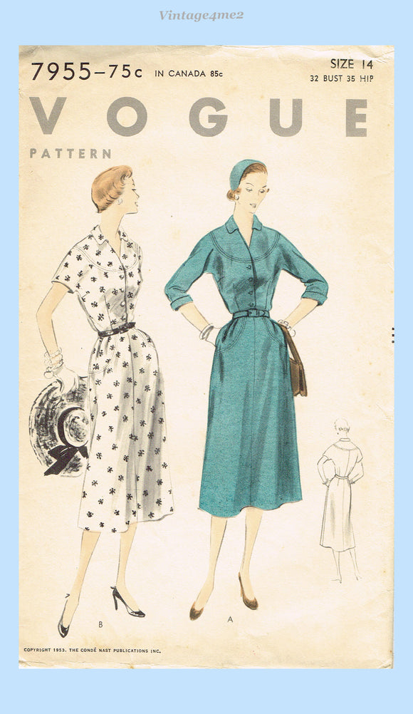 Vogue 7955: 1950s Stunning Uncut Misses Dress Sz 32 B Vintage Sewing Pattern