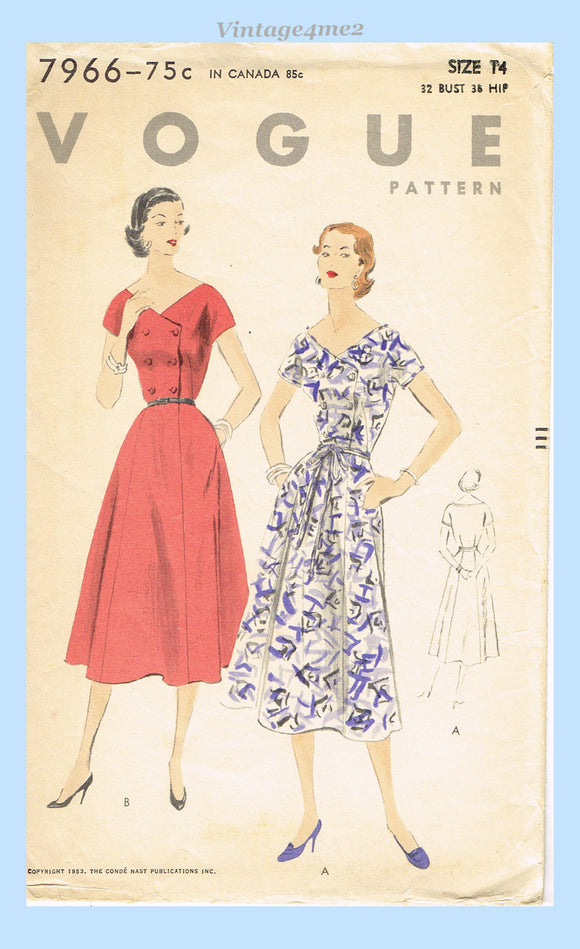 Vogue 7966: 1950s Uncut Misses Button Front Dress 32 B Vintage Sewing Pattern