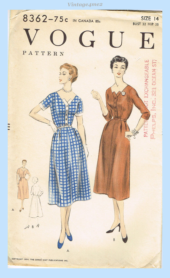 Vogue 8362: 1950s Chic Uncut Misses Dress Size 32 B Vintage Sewing Pattern