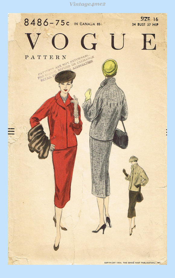 Vogue 8486: 1950s Uncut Misses Winter Suit Sz 34 B Vintage Sewing Pattern