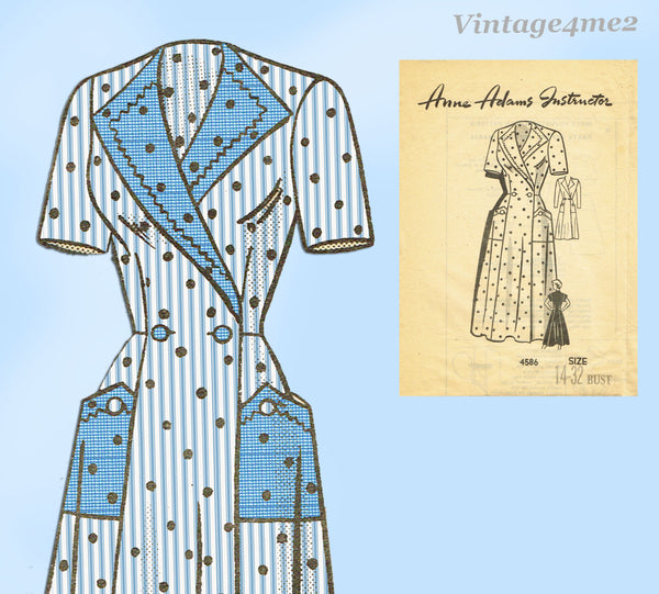 Anne Adams 4586: 1950s Double Breasted Coat Dress 32B Vintage Sewing Pattern