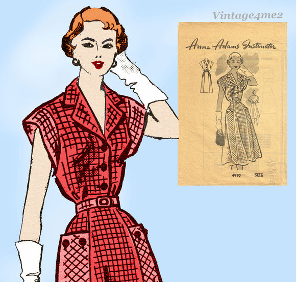 1950s Vintage Anne Adams Sewing Pattern 4992 Misses Shirtwaist Dress Size 36B Complete