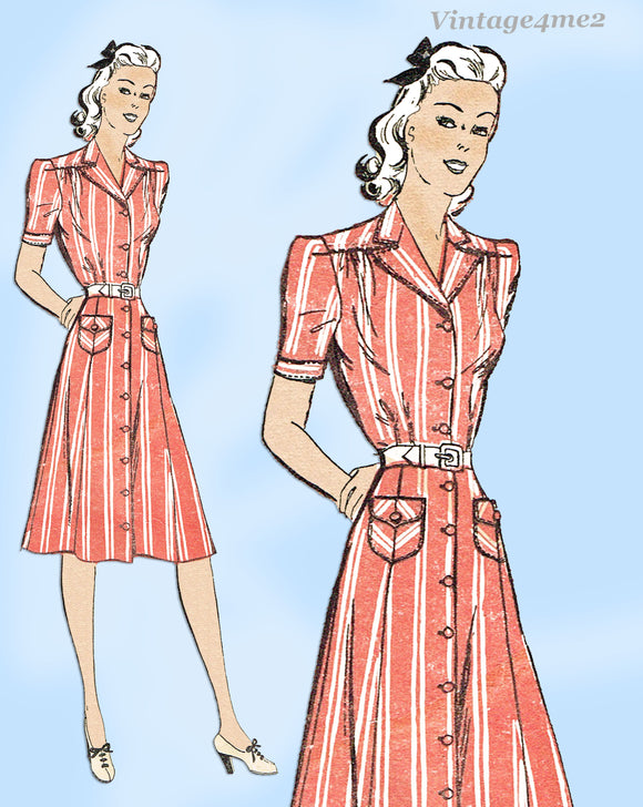 1940s Vintage Advance Sewing Pattern 2540 Plus Size WWII Womens Shirtwaist Dress 40 B