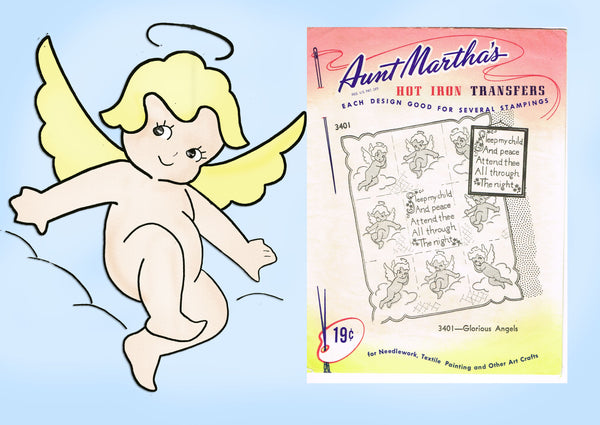 1960s Vintage Aunt Martha's Embroidery Transfer 3401 Baby's Angel Crib Quilt