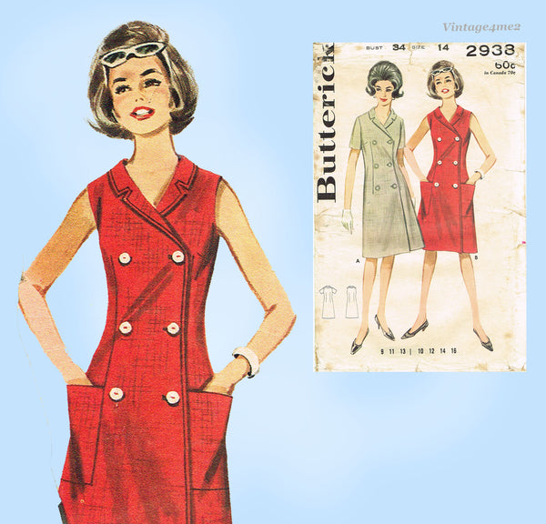 Butterick 2938: 1960s Double Breasted A-Line Sheath Dress  Vintage Sewing Pattern Uncut