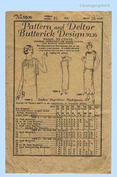 Butterick 5936: 1920s Misses Flapper Nightgown Sz 36 B Vintage Sewing Pattern