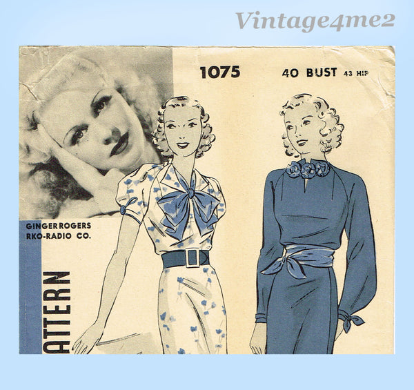 Hollywood 1075: 1930s Stunning Ginger Rogers Uncut Dinner Dress 40B Vintage Sewing Pattern