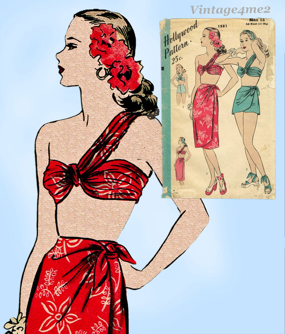 Hollywood 1581: 1940s Sexy WWII Sarong and Bra Sz 34 Bust Vintage Sewing Pattern