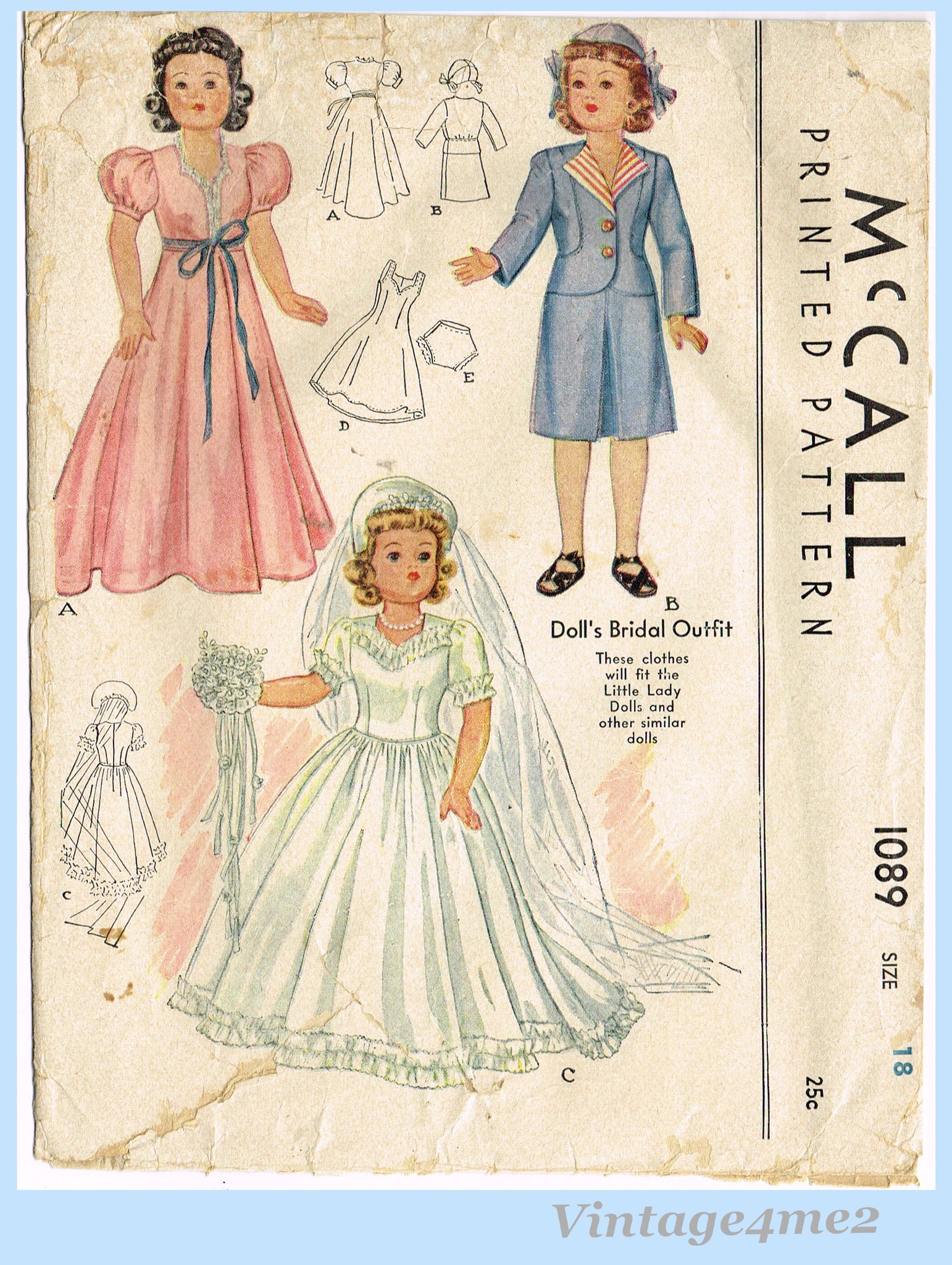 1940s Vintage McCall Pattern 1089 Uncut 18in WWII Bridal Doll Clothes –  Vintage4me2