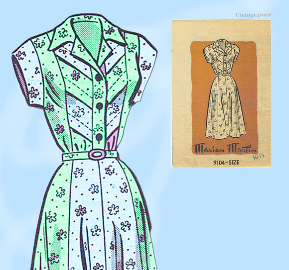 1950s Original Vintage Marian Martin Pattern 9104 Misses Tucked Dress Uncut 38B