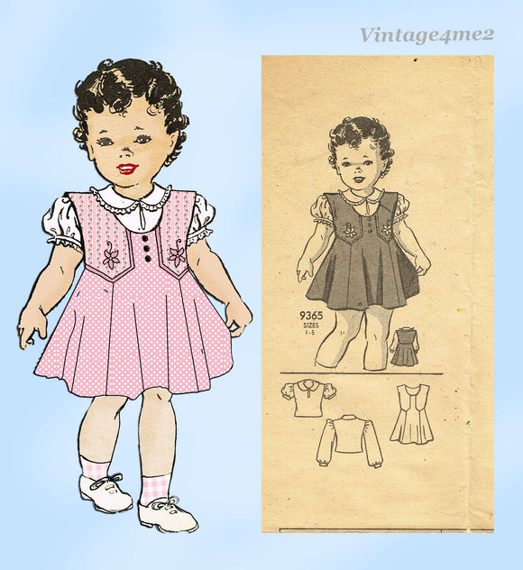 Marian Martin 9365: 1940s Toddler Girls Jumper and Blouse Vintage Sewing Pattern