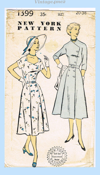 New York 1399: 1950s Uncut Misses Street Dress Sz 38 B Vintage Sewing Pattern