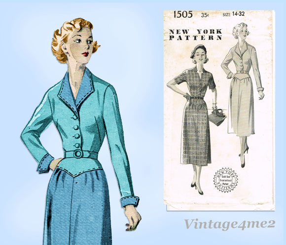 New York 1505: 1950s Uncut Misses Afternoon Dress Sz 32 Bust Vintage Sewing Pattern