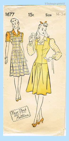 1940s Vintage New York Sewing Pattern 1677 Uncut Misses Jumper Dress Size 34 B