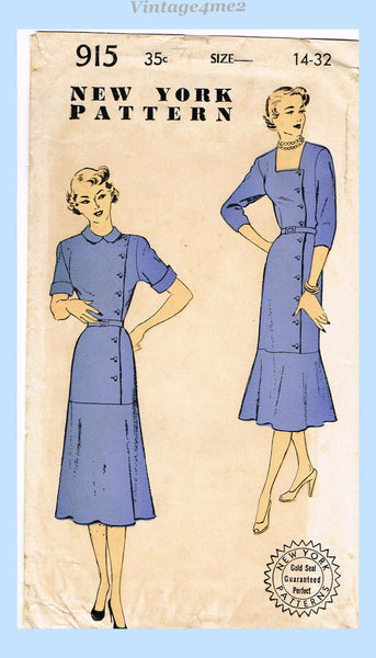 New York 915: 1950s Uncut Misses Dress w Trumpet Skirt 32B Vintage Sewing Pattern