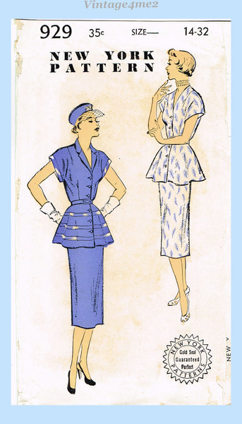 New York 929: 1950s Uncut Misses 2 Piece Peplum Dress 32B Vintage Sewing Pattern