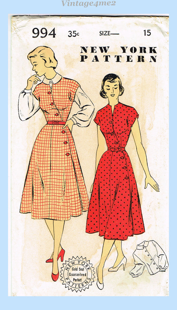 New York 994: 1950s Uncut Junior Misses Dress Sz 33 B Vintage Sewing Pattern