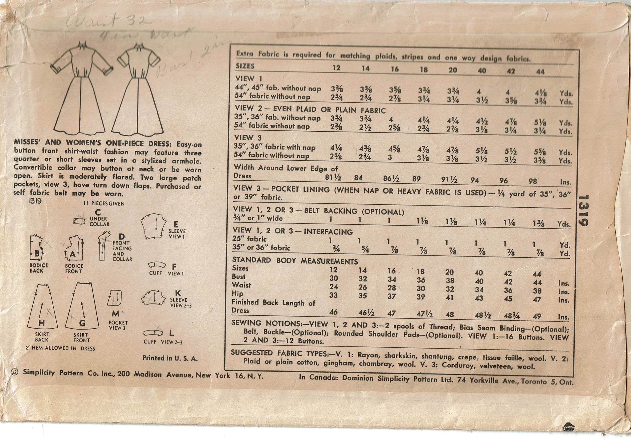 Simplicity 1319: 1950s Misses Shirtwaist Dress Size 34 B Vintage Sewin ...