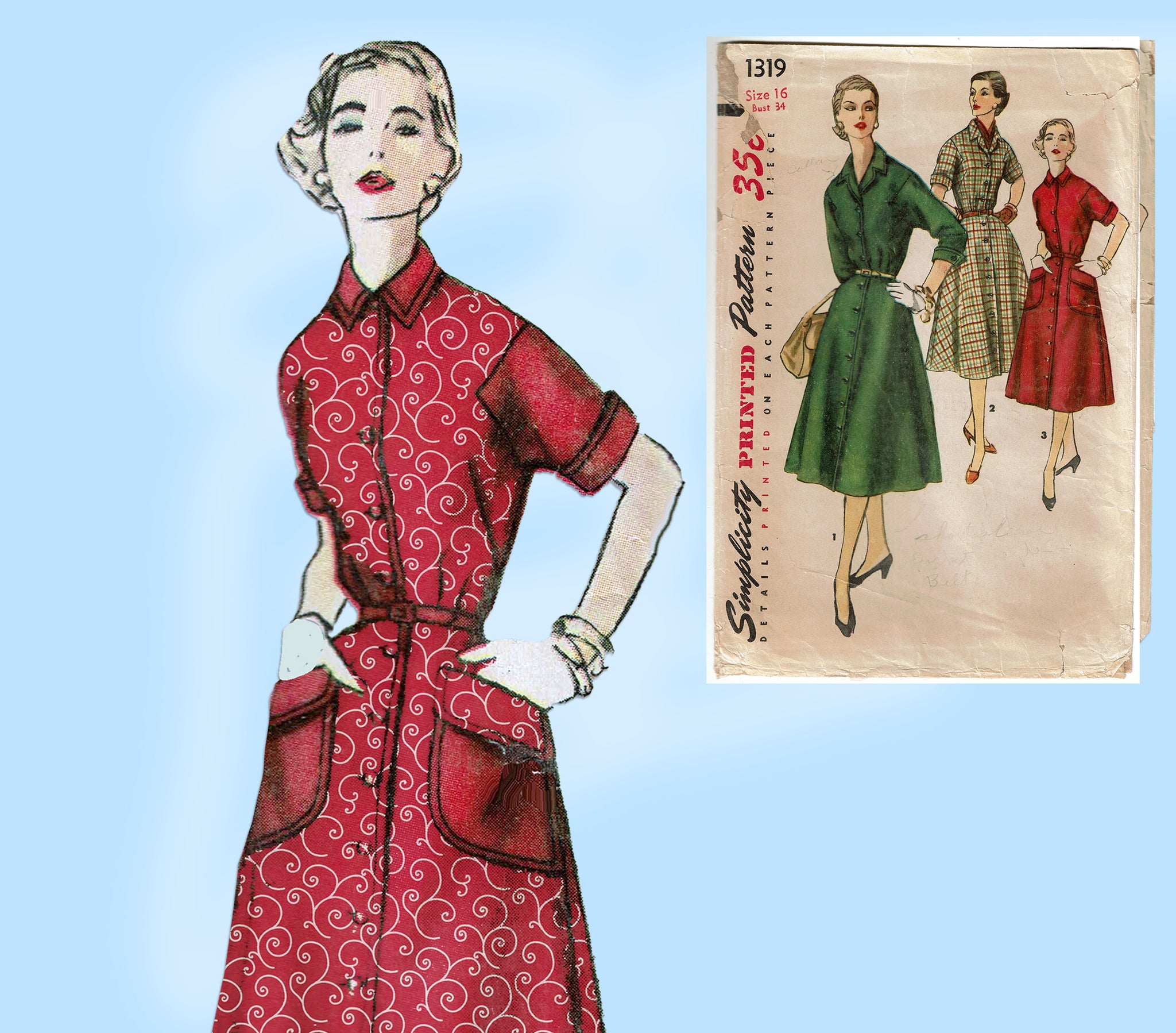 1950s ROCKABILLY Shirtwaist Dress Pattern SIMPLICITY 1282 Two Versions Bust  34 Vintage Sewing Pattern