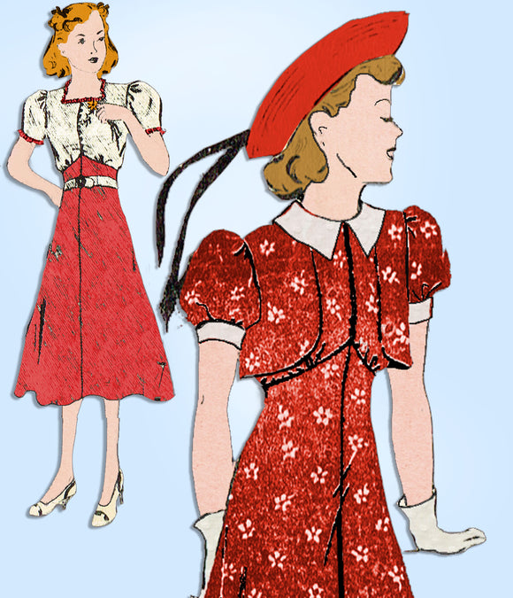 1930s Vintage Mail Order Sewing Pattern 2932 Junior Girls Bolero Dress Size 12