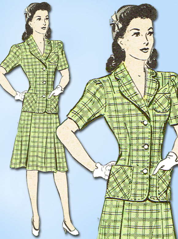 1940s Original Vintage Marian Martin Pattern 9129 Uncut Misses WWII Suit Sz 34 B