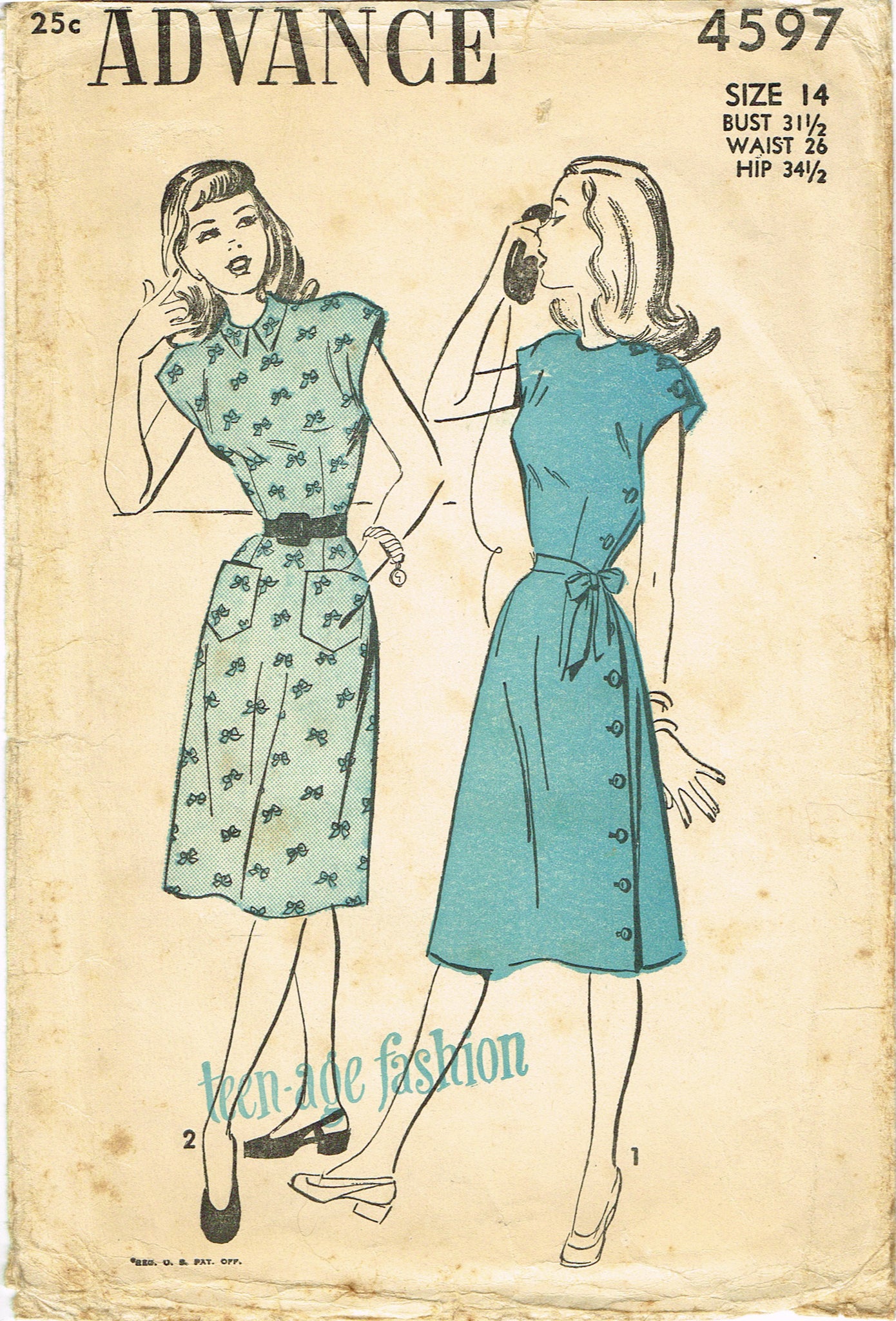 Vintage Sewing Dress Pattern 3867 The American Weekly 1940s Junior Miss  Size 15