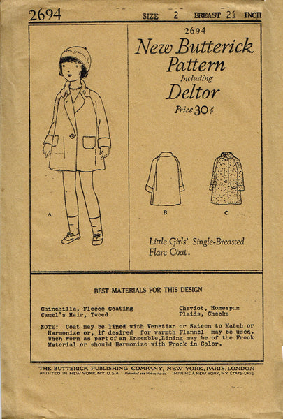 Butterick 2694: 1920s Uncut Toddler Girls Flare Coat Vintage Sewing Pattern