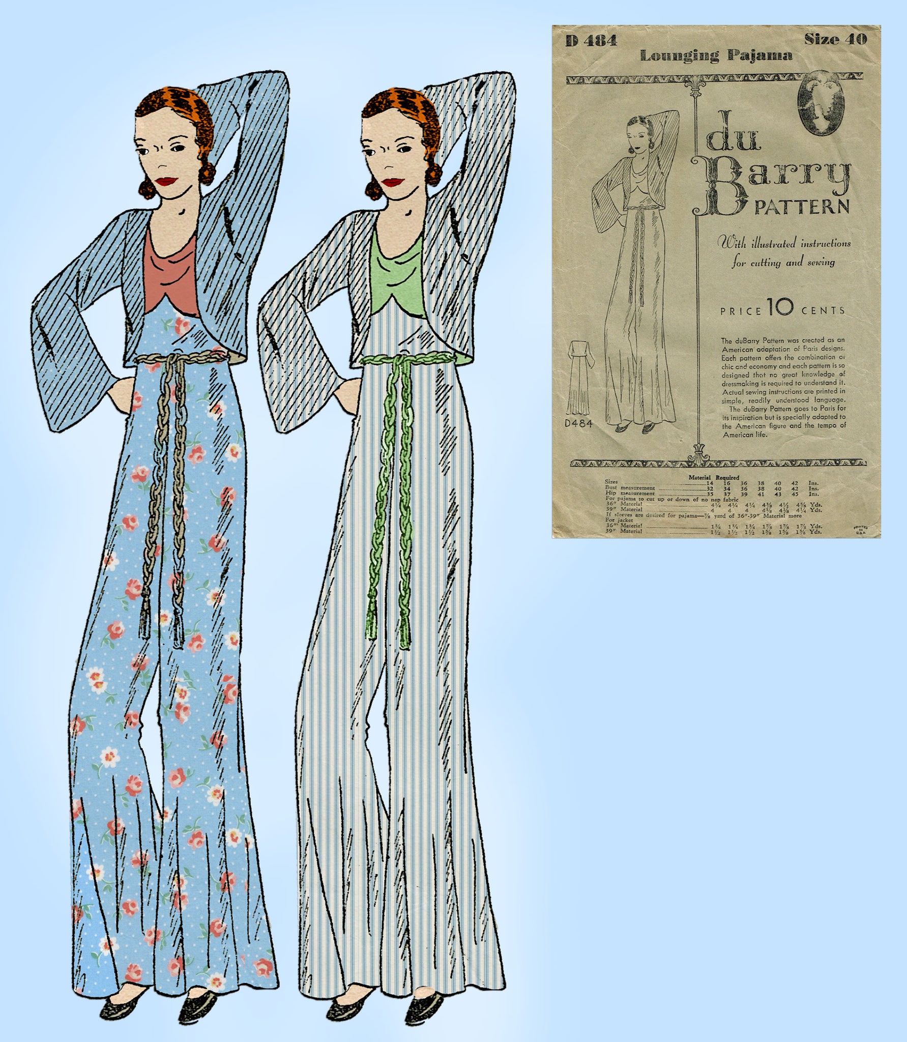 Du Barry D 484: 1930s Plus Size Lounging Pajamas 40B Vintage Pattern –  Vintage4me2