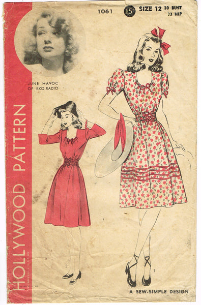 Hollywood 1061: 1940s WWII Dress w Shirred Waist Sz 30 B Vintage Sewing Pattern