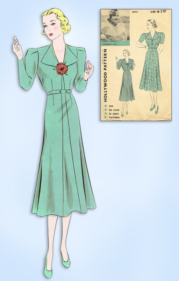 1930s VTG Hollywood Starlet Sewing Pattern 1374 Uncut Carole Lombard Dress 36 B