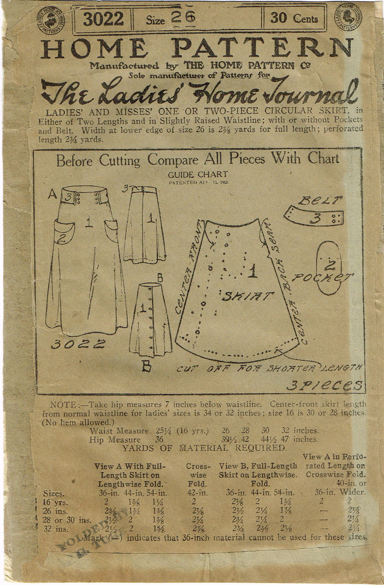 Ladies Home Journal 3022: 1920s Uncut Misses Skirt 26 W Vintage Sewing ...